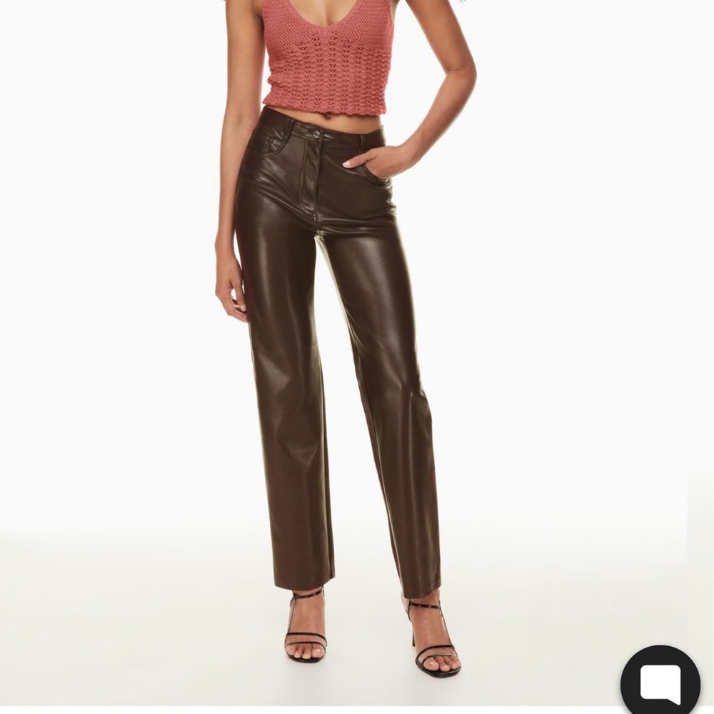 Aritzia Brown Leather Pants with Pink Knit Top